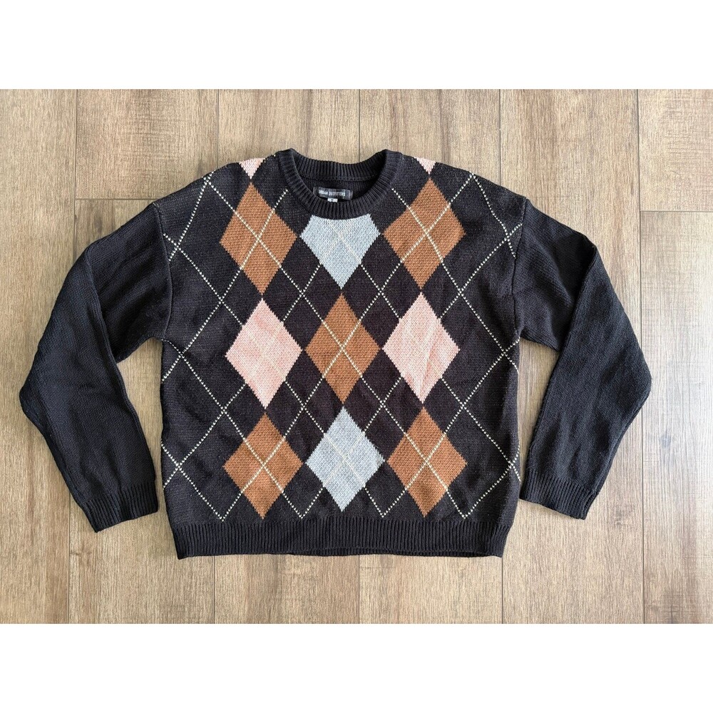 Urban Outfitters Black Argyle Shimmer Knit Crew Neck Sweater Size Medium